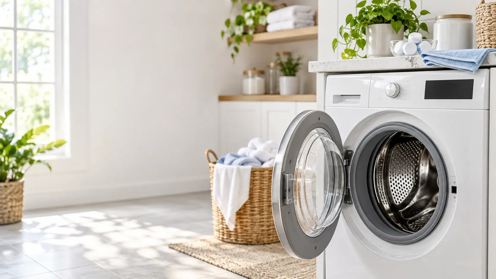 Open washer in a clean laundry room during maintenance